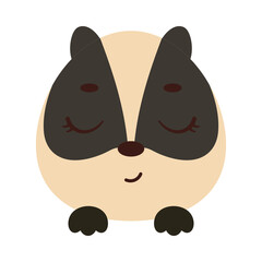 Fototapeta premium Cute little badger head with closed eyes. Cartoon animal character for kids t-shirts, nursery decoration, baby shower, greeting card, invitation, house interior. Vector stock illustration
