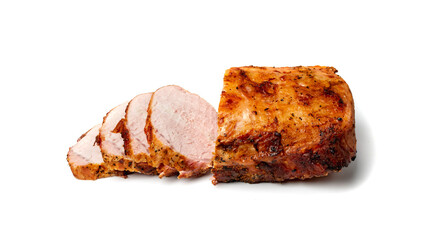 Baked Pork Slices Isolated, Roasted Sliced Loin, Tenderloin Ham Pieces