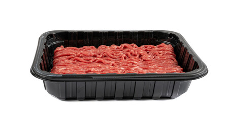 Mince Meat, Ground Beef, Uncooked Mincemeat in Plastic Container Isolated