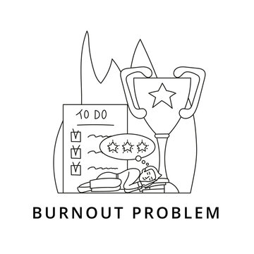 Burnout concept set with tired character at success background.