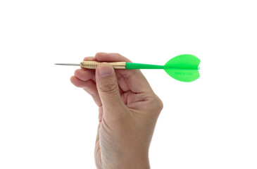 Hand holding dart on white background