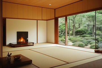interiors shots of a modern empty living room with fireplace and hardwood floor overlooking on the Japanese garden