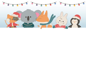 Christmas cute animal character with big empty white signboard .