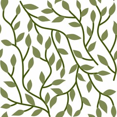 Green leaves seamless pattern. Brunches and leaves on white background.Abstract foliage pattern.