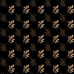 Seamless luxury golden plants pattern on black background. Hand drawn floral linear elements for print, poster, cover, banner, fabric, invitation.