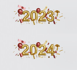 Happy New Year. Celebrate party, 2023, 2024, Merry Christmas, Golden Number, Web Poster, banner, cover card, layout design. 3D Rendering.