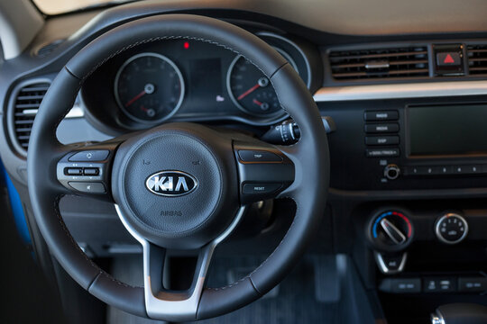 Russia, Izhevsk - July 4, 2019: Showroom KIA. Interior of new Rio X-Line with automatic transmission.