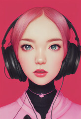 Cute girl with ear headphones. Beautiful streamer illustration. Gamer girl. Youtuber. Listening music girl. Call center	
