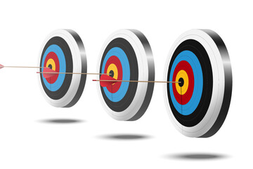 Red arrow hit to center of dartboard. Archery target and bullseye. Business success, investment goal, opportunity challenge, aim strategy, achievement focus concept. 3d realistic vector illustration