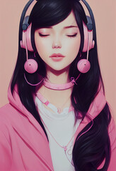 Cute girl with ear headphones. Beautiful streamer illustration. Gamer girl. Youtuber. Listening music girl. Call center	