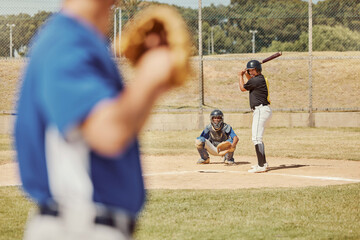 Sports, baseball and baseball player at baseball field for training with pitch, baseball batter and...