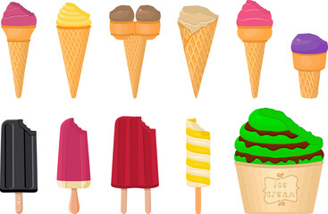 big kit ice cream popsicle different types in cone waffle cup