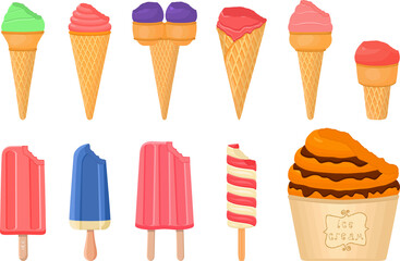big kit ice cream popsicle different types in cone waffle cup