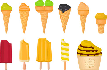 big kit ice cream popsicle different types in cone waffle cup