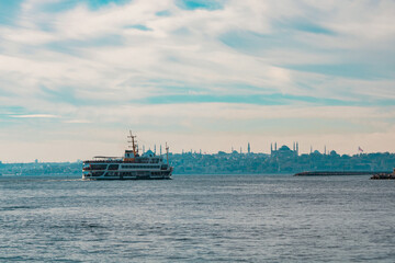 Travel to Istanbul background photo. Ferry and cityscape of Istanbul