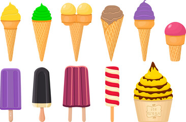 big kit ice cream popsicle different types in cone waffle cup
