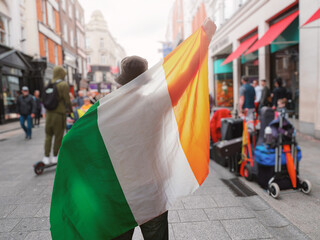 Man holding National flag of Ireland in focus. Grafton street of Dublin city out of focus in the background. Support or protest concept. Sun flare. Male with Irish flag. - obrazy, fototapety, plakaty