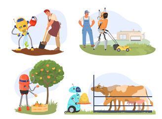 Automated farm life vector robot helping farmer