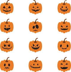 Set of 12 flat vector Scary Spooky Halloween Pumpkins with organized and named layers