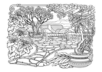 Fototapeta premium Romantic Secret Garden. Coloring Pages. Anti-stress colouring page. Vector.