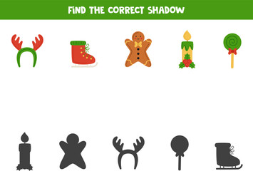 Find the correct shadows of cute Christmas elements. Logical puzzle for kids.