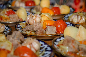 Dimlama: boiled vegetables and meat. Bukhara, Uzbekistan.