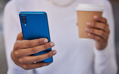 Smartphone in hand, technology and communication, coffee and social media check, internet search with 5g network on a break. Woman, online with contact and web connection, cellphone closeup.