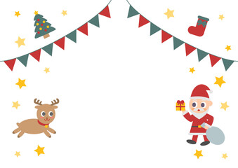 クリスマスのフレームイラスト: フラッグガーランドとサンタクロース