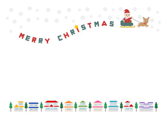 クリスマスのイラスト: ソリに乗ったサンタクロースと街並み