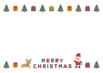 クリスマスのフレームイラスト: サンタとトナカイとプレゼント