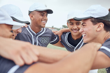 Support, strategy and sports with team of baseball for training, planning and motivation. Fitness, collaboration and teamwork with baseball player on field for goals, health and community huddle - Powered by Adobe