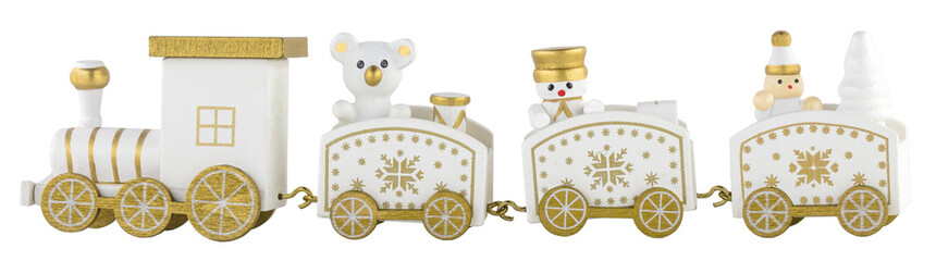 Vintage white gold Christmas kids wooden train toy with the transparent png background	