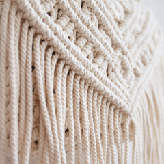 Handmade macrame cotton сross-body bag. Eco bag for women from cotton rope. Scandinavian style bag.  Creme tones, sustainable fashion accessories.  Close up image - obrazy, fototapety, plakaty