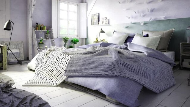 Cozy bedroom in the attic - looping 3D construction sequence