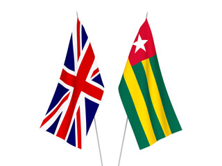National fabric flags of Great Britain and Togolese Republic isolated on white background. 3d rendering illustration.