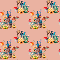 Obraz premium Colorful Halloween fairy house watercolor seamless pattern isolated on pink.