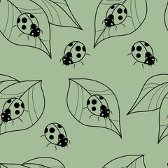 Green ladybug vector repeat pattern, seamless