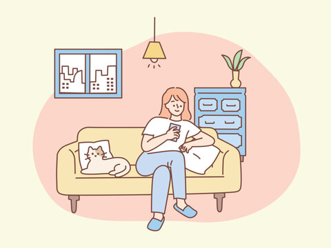 自宅でくつろぐイラスト(休日、ゴロゴロ、インドア) An illustration to relax at home.Holiday, indoor.