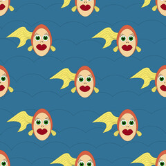 Seamless pattern with cartoon goldfish on sea wave background. Golden fishes background. Creative print for wallpaper children room and bed linen.