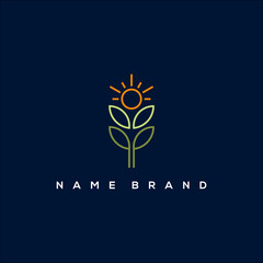 minimal line art leaf and sun logo vector