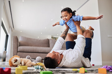 Father, child and play, fun and love together in family home, bonding and toys on living room...