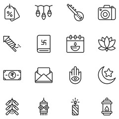 diwali thin black outline icons set