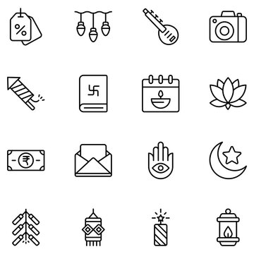 diwali thin black outline icons set