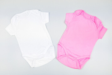 Two blank baby bodysuits  mock up, newborn twin bodysuit mockup