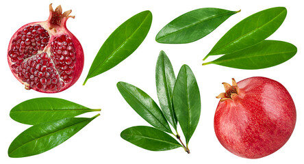 Pomegranate collection with leaves isolated on white background. Pomegranate set Clipping Path....