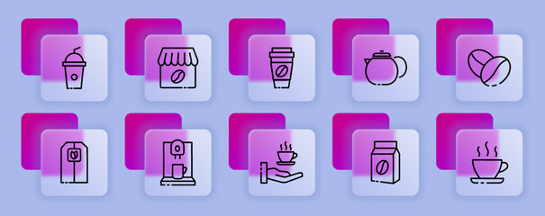Cafe set icon. Coffee, latte, cappuccino, americano, mug, tea, tea bag, herb, coffee beans. Coffe house concept. Glassmorphism style. Vector line icon for Business and Advertising