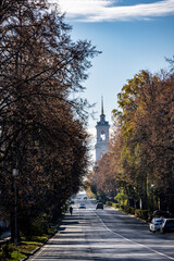 Fototapeta premium ancient architecture with elements of wooden architecture against the background of the autumn sky