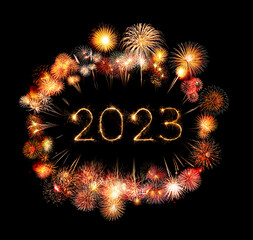 2023 happy new year fireworks celebration written sparkling at night.