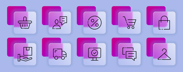 Shopping set icon. Shopping cart, sale, basket,, purchase, product, discount, percentage, coupon. Online store concept. Glassmorphism style. Vector line icon for Business and Advertising