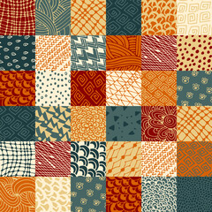 Quilt seamless pattern from square patches with doodle ornaments. Vector illustration. Beautiful patchwork design.